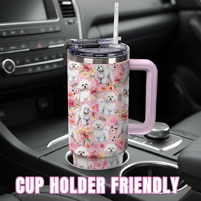 Yogusut Bichon Frise Gifts for Women, 40oz Stainless Steel Insulated Tumbler Travel Mug Cup with Handle Straw, Gifts for Dog Mom Dog Lover