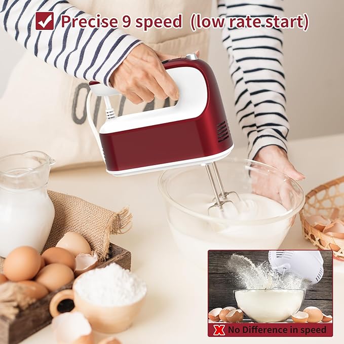 9-Speed Digital Hand Mixer Electric, 400W Powerful DC Motor, Baking Handheld with Snap-On Storage Case, 5 Stainless Steel Accessories, Flat Beaters, Dough Hooks, Whisk(Red/White)