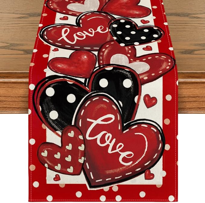 Artoid Mode Red Polka Dot Heart Love Valentine's Table Runner, Anniversary Wedding Kitchen Dining Table Decoration for Home Party Decor 13x48 Inch