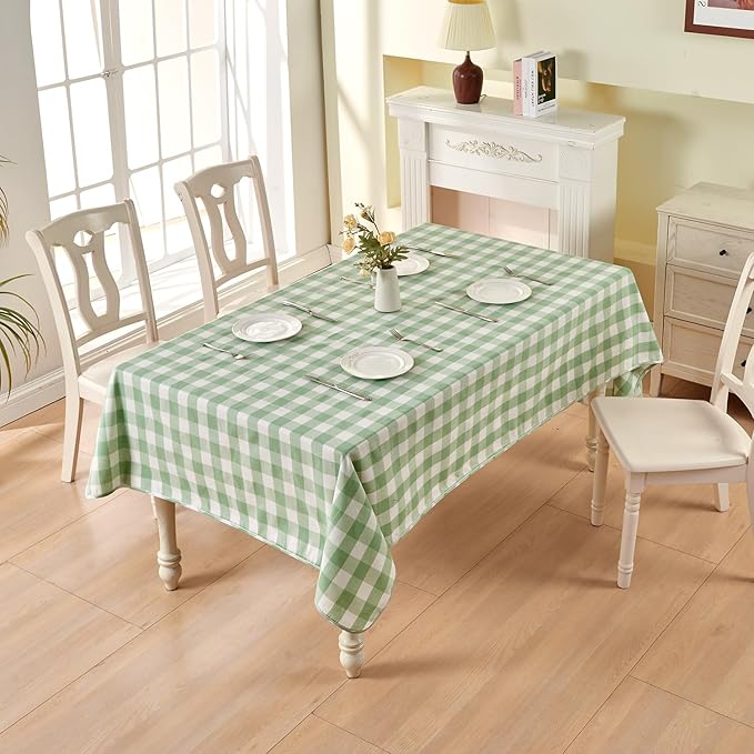 BALCONY & FALCON Gingham Table Cloth Rectangle ??Reversible Water-Resistant Cotton Checkered Tablecloth for Outdoor Picnic, Camping, Kitchen, Holiday Party Decor (Green White, 55x71 Inch)