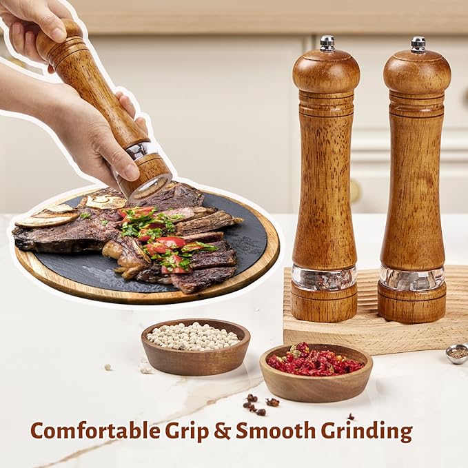 Wooden Pepper Grinder Set of 2, 8 Inch Beech Wood Pepper Mills with Stainless Steel Core, Manual Pepper Grinder with Comfort Grip & Effortless Grinding for Kitchen Cooking