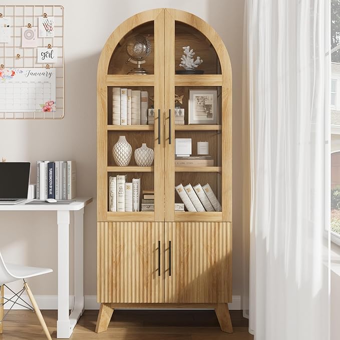 QUW 71" Tall Arched Kitchen Pantry Cabinet, Modern Fluted Display Cabinet with Glass Door & Adjustable Shelves, Storage Cabinet for Kitchen, Living Room, Dining Room, Bathroom, Natural Oak