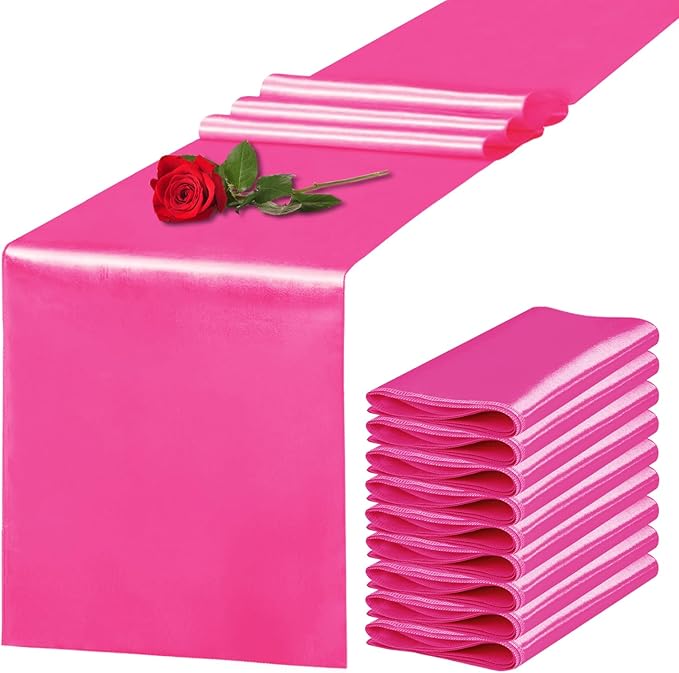 Yblut 10 Pack Satin Table Runner 12 x 108 Inch Long Fuchsia Silk Table Runner for Wedding Party Banquet Birthday Decoration