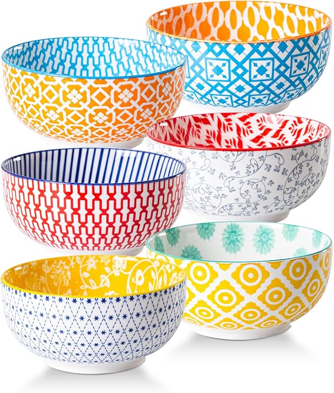 Cerkik Ceramic Soup Bowls Set - 23 Oz Deep Cereal Bowl for kitchen - 6 Inch Porcelain Salad Bowl for Pasta, Dessert, Ramen - Microwave Dishwasher Safe - Set of 6 - Assorted Colors