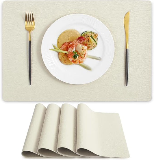 MOSAYT Vinyl Placemats Set of 4, Heat Resistant Place Mats 100% Waterproof Washable & Wipeable Faux Leather Reversible Table Mats for Kitchen Dining Party Indoor Outdoor, 12" x 17", Beige