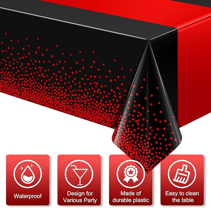 MASHAN 6Pcs Black and Red Tablecloth Party Decorations,Plastic Black Table Cloth Printed Red Table Runner Disposable Rectangle Cover for Birthday Weeding Anniversary Graduation Party,54 x108 Inch