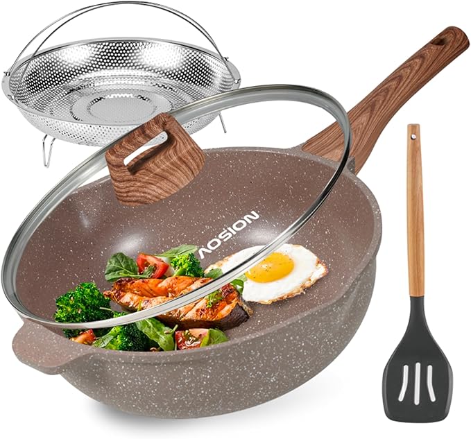 AOSION 11 Inch Nonstick Ceramic Deep Frying Pan Skille with Lid,5QT Saut챕 Pan for Cooking with Steam Rack,Healthy Large Skillet,Stay Cool Handle, Induction Compatible, PFOA & PFAS Free. (BROWN)