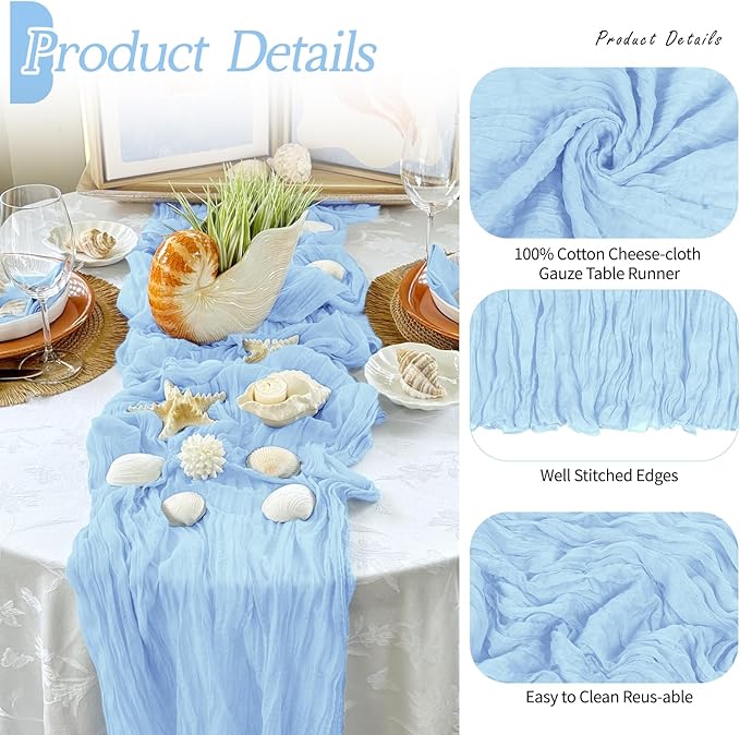 RealBox 3 Pack Baby Blue Cheesecloth Table Runner 17x108 Inch Semi Sheer Boho Gauze Cheese Cloth Fabric Table Runners Table Decor for Wedding Party Baby Shower Birthday Home Decor Garden Farmhouse