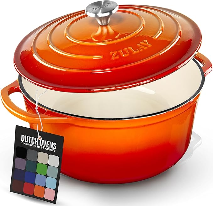 Zulay Kitchen 5 Quart Enameled Cast Iron Dutch Oven Pot with Lid ??Premium Durability & Oven Safe up to 500째F ??Heavy Duty Cookware Perfect for Bread Baking, Stews, Braising & Roasting ??Orange