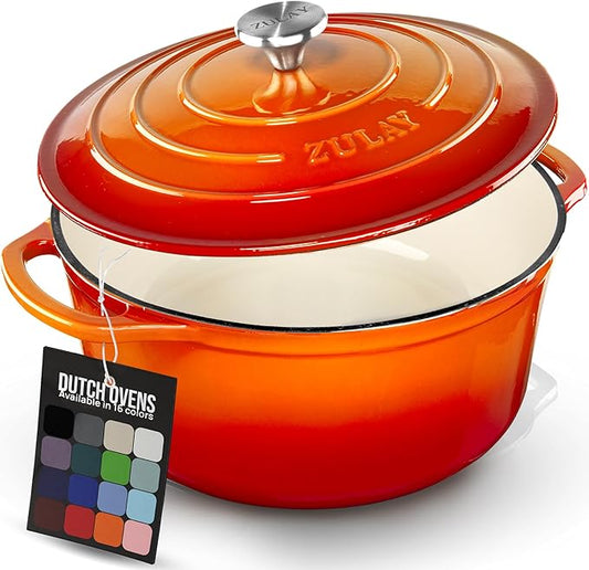 Zulay Kitchen 5 Quart Enameled Cast Iron Dutch Oven Pot with Lid ??Premium Durability & Oven Safe up to 500째F ??Heavy Duty Cookware Perfect for Bread Baking, Stews, Braising & Roasting ??Orange