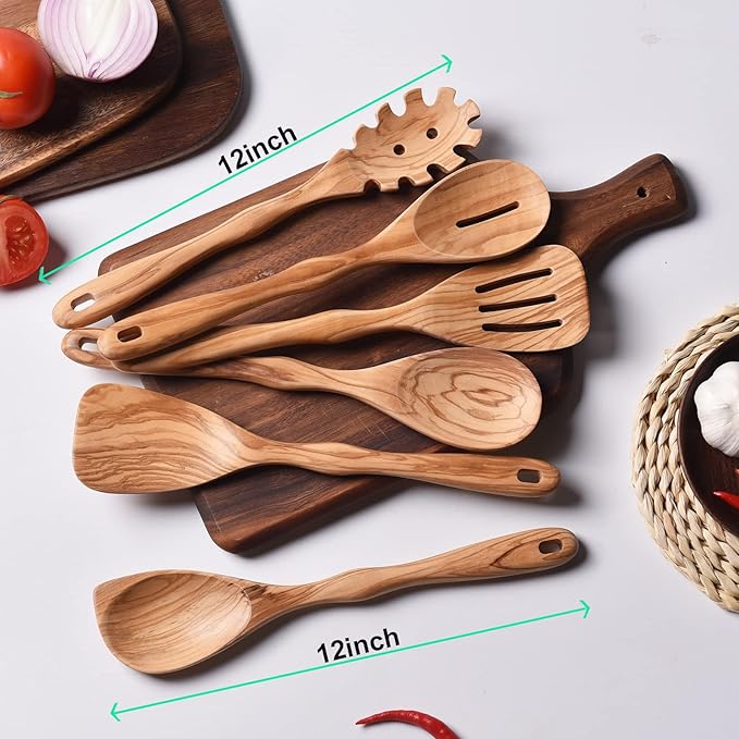 Gudamaye 12 inch Olive Wooden Utensils for Cooking, Long Handle Wooden Spoons for Cooking, 6 PCES Crafting Wooden Spoon Set, Wooden Kitchen Utensil set, Natural Olive Wood utensil Set