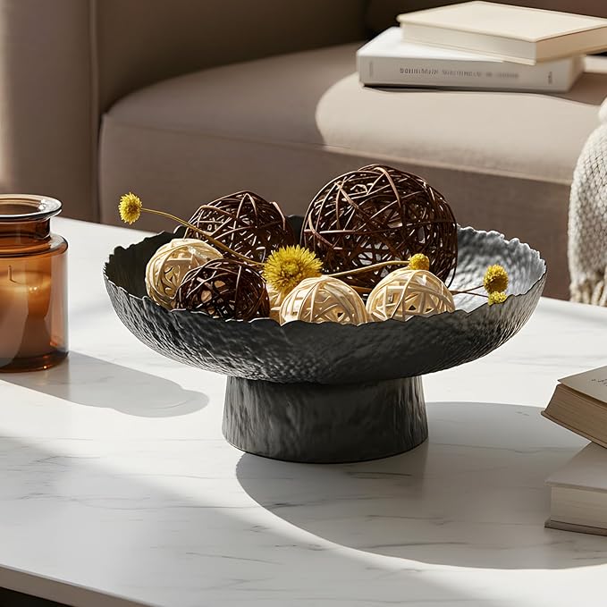 Large Glass Fruit Bowl for Kitchen Counter Decorative Centerpiece Bowl for Table Home D챕co, Black Hammered