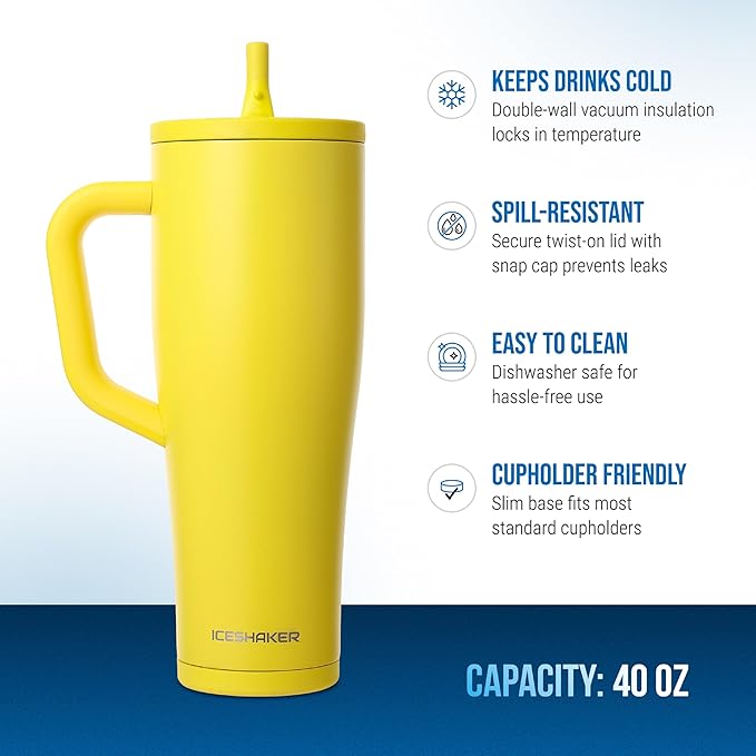 Ice Shaker 40 oz Tumbler with Handle and Straw | 40oz Yellow | Cold for 30+ Hours | 2-in-1 Tumbler Shaker Bottle | Odor-Free 40 ounce Bottle for Water, Protein Shakes, Smoothies, Cocktails