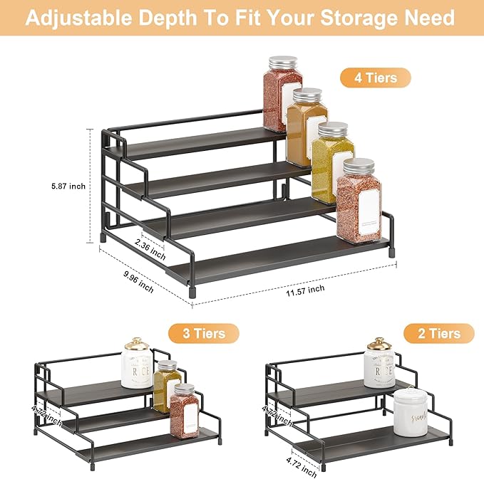 4-Tier-Spice-Rack-Organizer-for-Cabinet, Adjustable Depth Spice Holder Shelf For Countertop Pantry Cupboard, Metal Tiered Seasoning Organizer,Display Shelf Riser (Black-2 Pack)