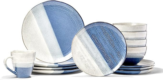 American Atelier Gaia Casual Round Dinnerware Set ??16-Piece Stoneware Dinner Party Collection w/ 4 Dinner Plates, 4 Salad Plates, 4 Bowls & 4 Mugs, Blue,7671-16-RB