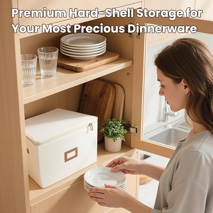HOMELUX THEORY Coffee Mug Storage with Dividers, Ivory Hard Shell China Storage Containers, Kitchen Storage Bins With Lids, Heavy Duty Moving Box for Packing Glassware, Stemware & Glassware