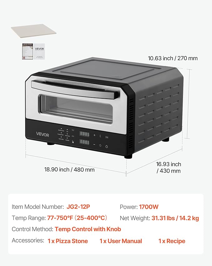 VEVOR Electric Pizza Oven, Smart Pizzas Maker Indoor with 5 Preset, 12-Inch Countertop Pizza Cooker w/Touch Srceen, 750??Max Temp, 2-Min Rapid Baking Oven Thin & Crispy, Neapolitan, Frozen, New York