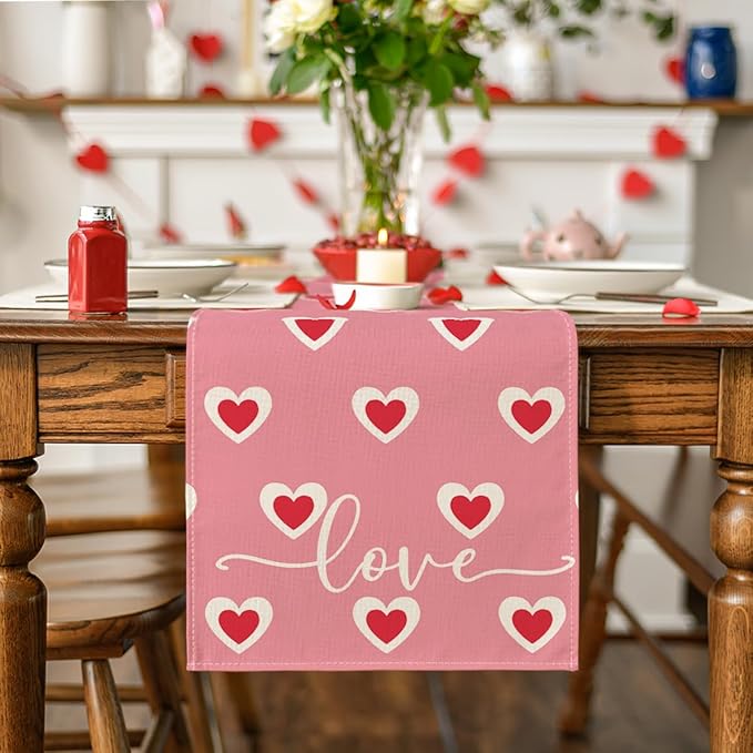 Artoid Mode Pink Love Hearts Valentine's Table Runner, Wedding Kitchen Dining Table Decoration for Home Party Decor 13x72 Inch