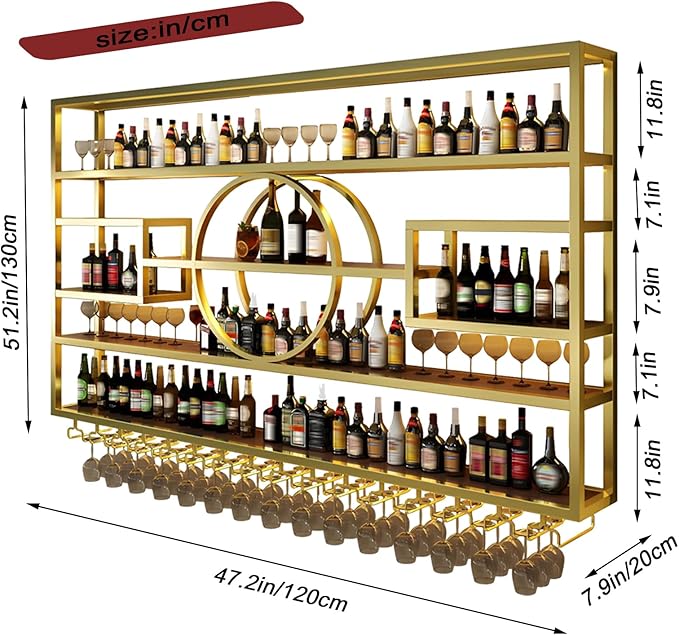 Wall Mounted Wine Rack, Modern Industrial Hanging Liquor Bottles Shelves with Wine Glass Holder, Metal Floating Wine Storage Display Shelf, for Bar, Kitchen, Wine Cellar (Gold, 120cm/47.2in)