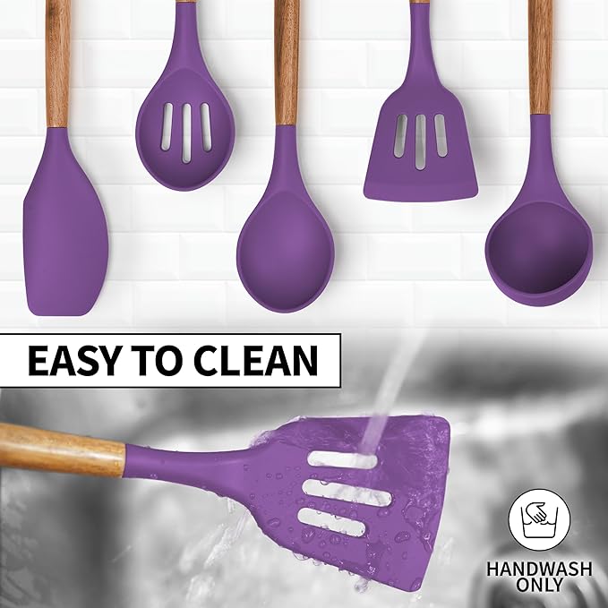 Zulay Kitchen Non-Stick Cooking Utensils Set with Authentic Acacia Wood Handles ??5-Piece Durable & Stylish Silicone Kitchen Utensils Set ??Heat Resistant to 464째F ??Purple