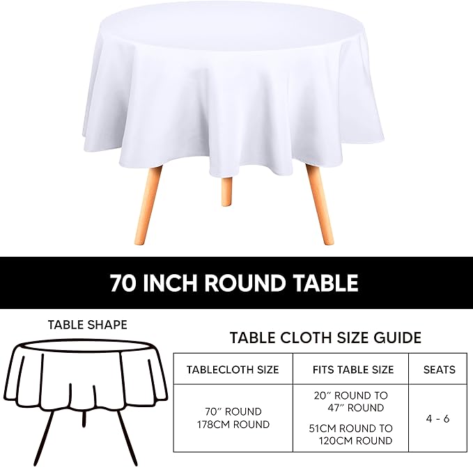 Utopia Kitchen Round Table Cloth 2 Pack(70 Inches, White), Tablecloth Machine Washable, Polyester Table Cover for Dining, Buffet Parties, Picnics, Events, Weddings and Restaurants