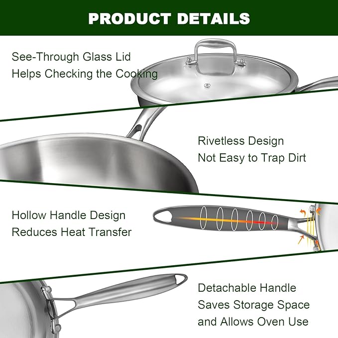 EWFEN 12 Inch Tri-Ply Stainless Steel Frying Pan, Compatible with All Cooktops Up to 600?? Large Frying Pan with lids, Induction-Ready Skillet, Dishwasher and Oven Safe, Fast & Even Heat, Heavy Duty