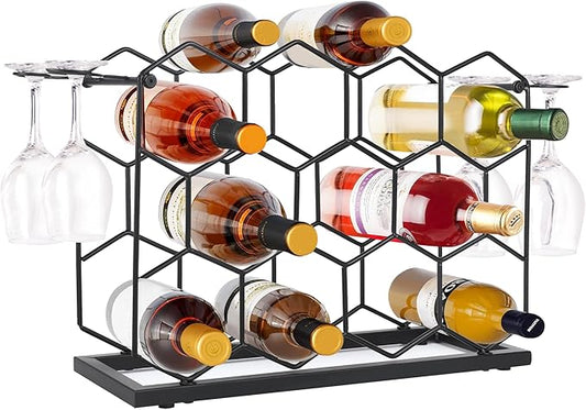 Countertop Wine Rack - 14 Bottle Freestanding Modern Black Metal Small - 3 Tier Tabletop Wine Holder Stand for Cabinet, Pantry - Wine Racks Countertop