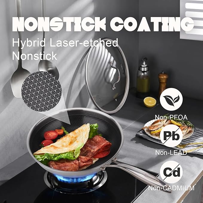 Hybrid Wok, 12 inch Wok with lid,Stainless Steel woks & Stir-fry pans Non Stick, PFOA Free Cookware, Dishwasher and Oven Safe, Compatible With Induction