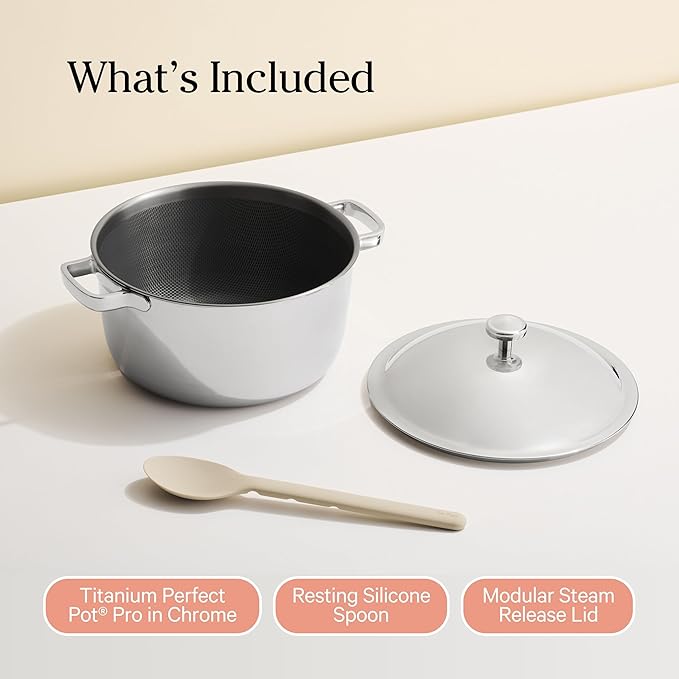 Our Place Titanium Perfect Pot Pro | 6.75 Qt Stock Pot with Lid & Silicone Spoon | PFAS-Free Nonstick, Fully-Clad Tri-Ply Stainless Steel & Aluminum | Induction & Oven-Safe up to 1000째F | Chrome