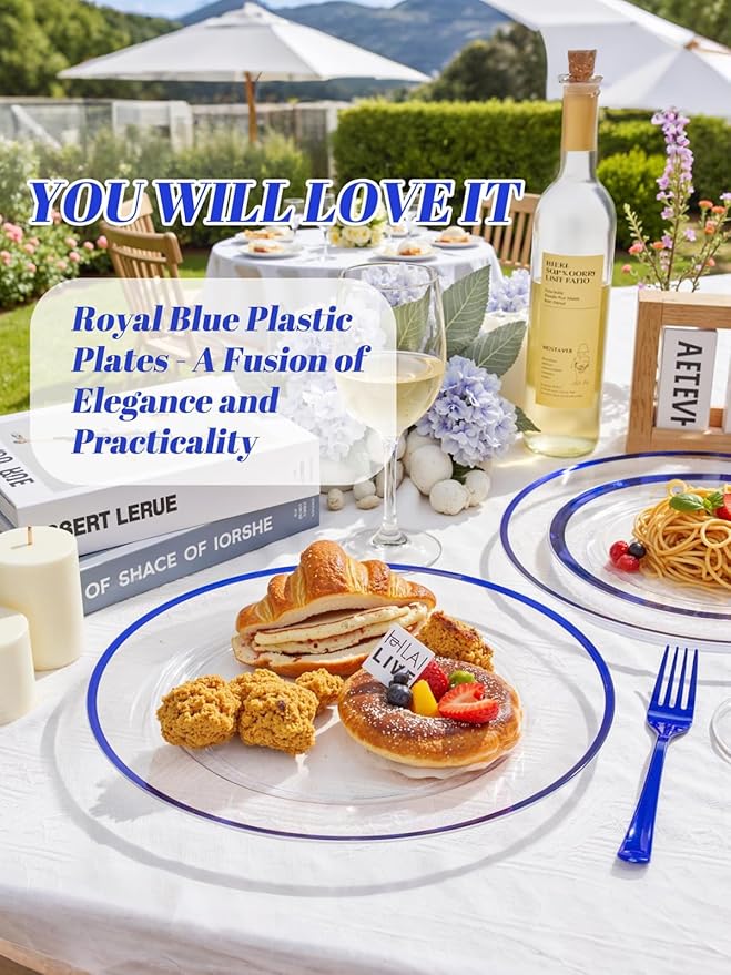 WDF 12 Inch Disposable Charger Plates - 25Pack Plastic Clear and Blue Charge Plates Perfect for Dinner/Wedding/Party/Elegant Tabletop Decor