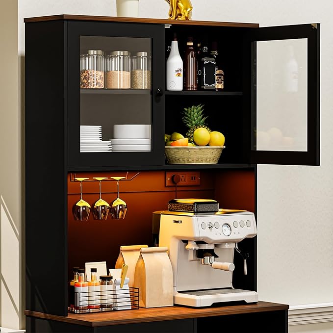 71?섃셁itchen Pantry Storage Cabinet with LED Lights and Power Outlet, Tall Farmhouse Kitchen Hutch with Microwave Stand,Globet Hooks and Adjustable Shelf for Dining Living Room,Black