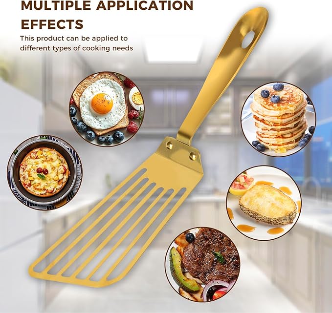 Snailhouse Slotted Spatula, Stainless Steel Metal High Heat Cooking Fish Turner Spatula for Kitchen Use Flipping, Turning, Frying, Gold