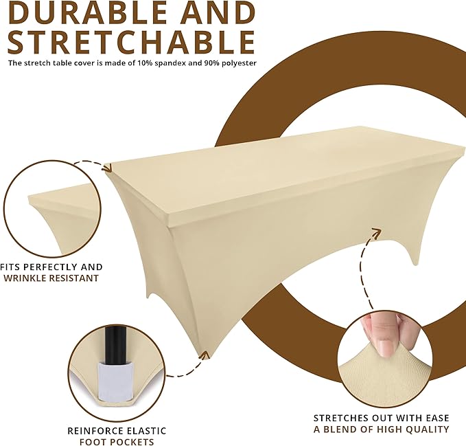 Utopia Kitchen Spandex Tablecloth 2 Pack [8FT, Champagne] Tight, Fitted, Washable and Wrinkle Resistant Stretch Table Cloth Rectangle Cover for Trade Show, Weddings & Parties [96Lx30Wx30H Inch]