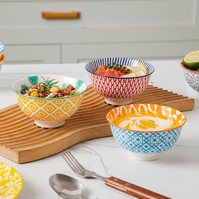Cerkik Ceramic Dessert Bowls Set - Small 12 Oz Cereal Bowls - 4.75 Inch Ice Cream Bowls for Fruit, Snack, Side Dishes, Dipping Sauce - Microwave Dishwasher Safe - Set of 6 - Assorted Colors