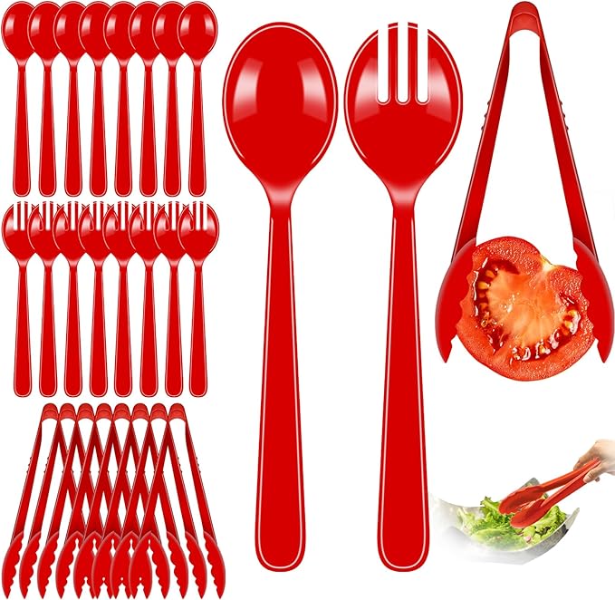 Reusable Serving Utensils Set 24 Pcs - 8 Heavy Duty Plastic Tongs, 8 Spoons & 8 Forks | Dishwasher Safe Buffet & Party Supplies for Wedding, Catering, Holidays