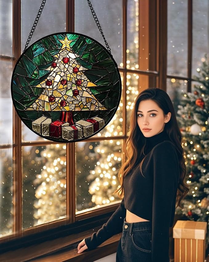 Stained Glass Window Hanging -Golden Christmas Tree Suncatcher for Doors Home Christmas Decoration Winter Sun Catcher Thanksgiving New Year Birthday Gifts for Women Men Mom Nana Girl 15 in