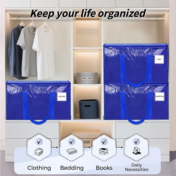 8 Pack Extra Large Heavy Duty Moving Bags, Blue Storage Bins with Lids, Reinforced Handles & Heavy-Duty Zippers Moving Boxes Storage Bags Totes for Clothes Packing, Dorms, College Supplies, Blue