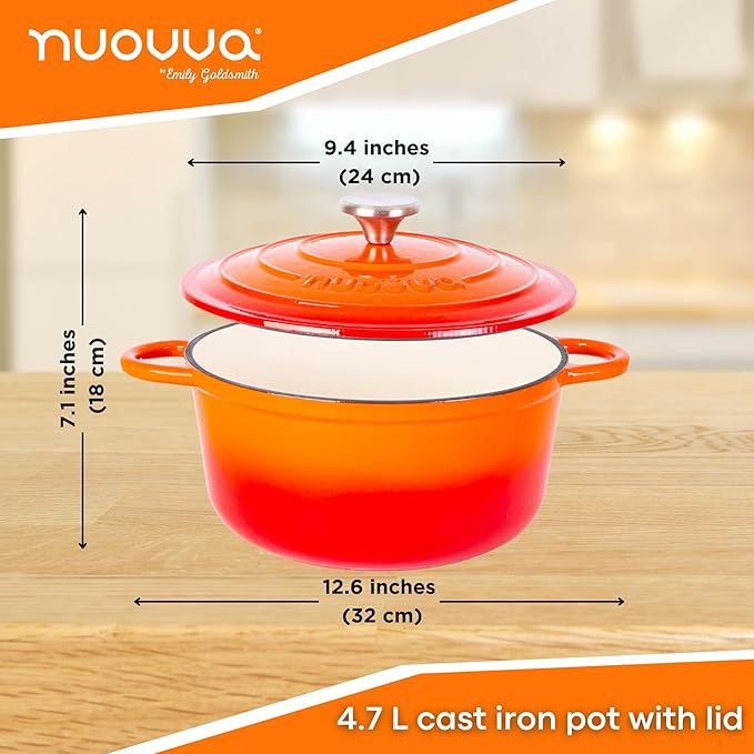 Cast Iron Pot with Lid ??Non-Stick Ovenproof Enamelled Casserole Pot, Oven Safe up to 500째 F ??Sturdy Dutch Oven Cookware ??Orange, 5-Quart, 24cm ??by Nuovva