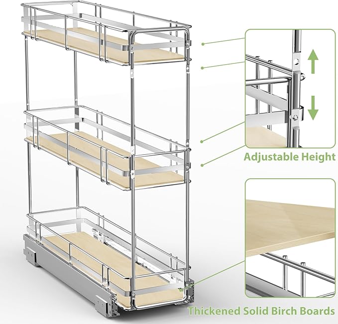ROOMTEC 3-Tier Pull Out Cabinet Organizer Spice Rack for Narrow Cabinet 7" W x 20쩍" D, Slide Out Wood Shelves Storage for Kitchen