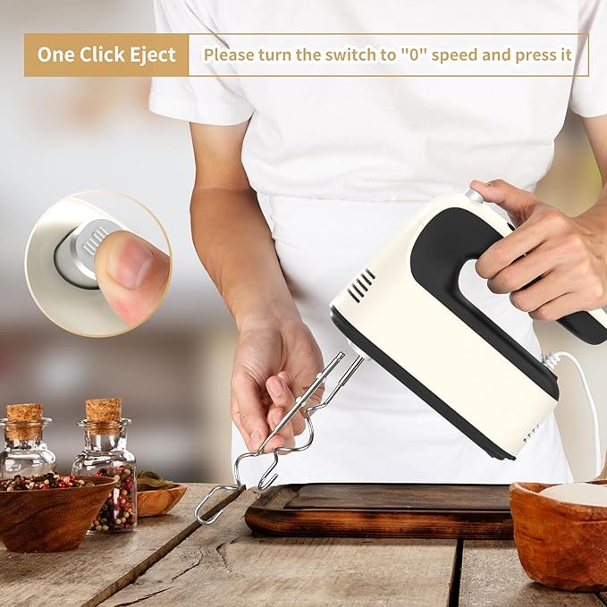 Yomelo 9-Speed Digital Hand Mixer Electric, 400W Powerful DC Motor, Hand Mixer Electric Handheld with Snap-On Storage Case, 5 Stainless Steel Accessories, Beaters, Dough Hooks, Whisk(Creamy/Black)