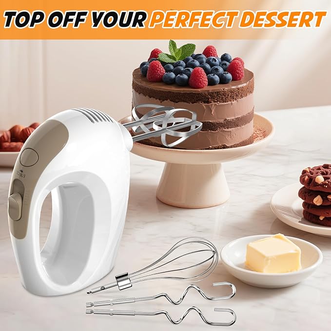 Handmixer - 5 Speed Portable Kitchen Mixer Electric Handheld with 5 Stainless Steel Accessories Whisk, Food Beater, ?ŒIvory