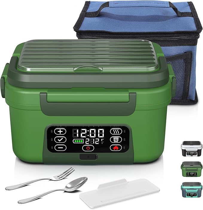 Cordless Electric Heated Lunch Box, 1.5L 6.3Cups 20000mAh Rechargeable Food Warmer Lunch Box with Self Heating, Smart Timer, Adjustable Temperature, Leakproof, BPA Free, Removable Tray Divider
