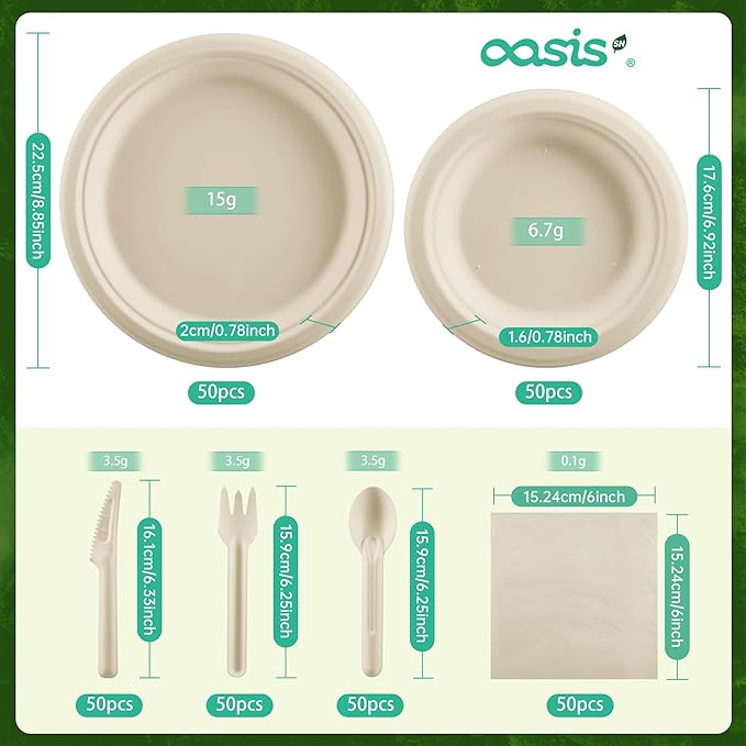 300PCS Disposable Paper Dinnerware Set for 50 Guests ??Compostable Includes 50 Each 6" Dessert Plates, 9" Dinner Plates, Spoons, Forks, Knives and Napkins, Ideal for Parties (Natural)