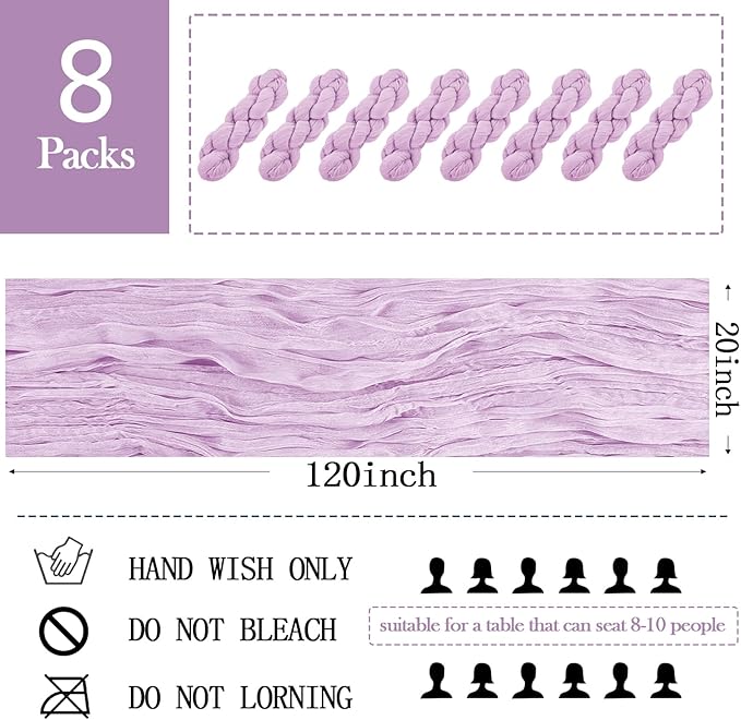 8 Pack Lavender Cheesecloth Table Runner 20 x 120 inch Gauze Table Runners 10 FT Long,Semi Sheer Boho Cheese Cloth Fabric Table Runner Bulk for Wedding,Party,Baby Shower,Bridal Shower Decoration