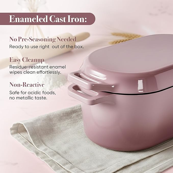Dutch Oven for Bread Baking, 6 QT Bread Dutch Oven for Sourdough, Enamelled Cast Iron Bread Oven with Lids, Heavy-Duty Non Stick Sourdough Loaf Pan, Meatloaf Pan, Pink