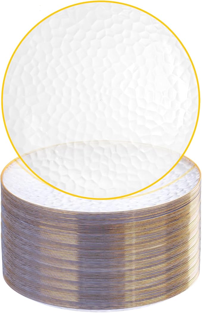 Rubtlamp 100 Pcs Clear Gold Plastic Plates, Hammered Party Plates, Clear Disposable Dessert Plates,Clear Gold Plates 7 Inch, Heavy duty Gold Plastic Dessert Plates Disposable For All Occasions
