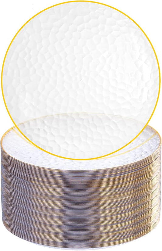 Rubtlamp 100 Pcs Clear Gold Plastic Plates, Hammered Party Plates, Clear Disposable Dessert Plates,Clear Gold Plates 7 Inch, Heavy duty Gold Plastic Dessert Plates Disposable For All Occasions