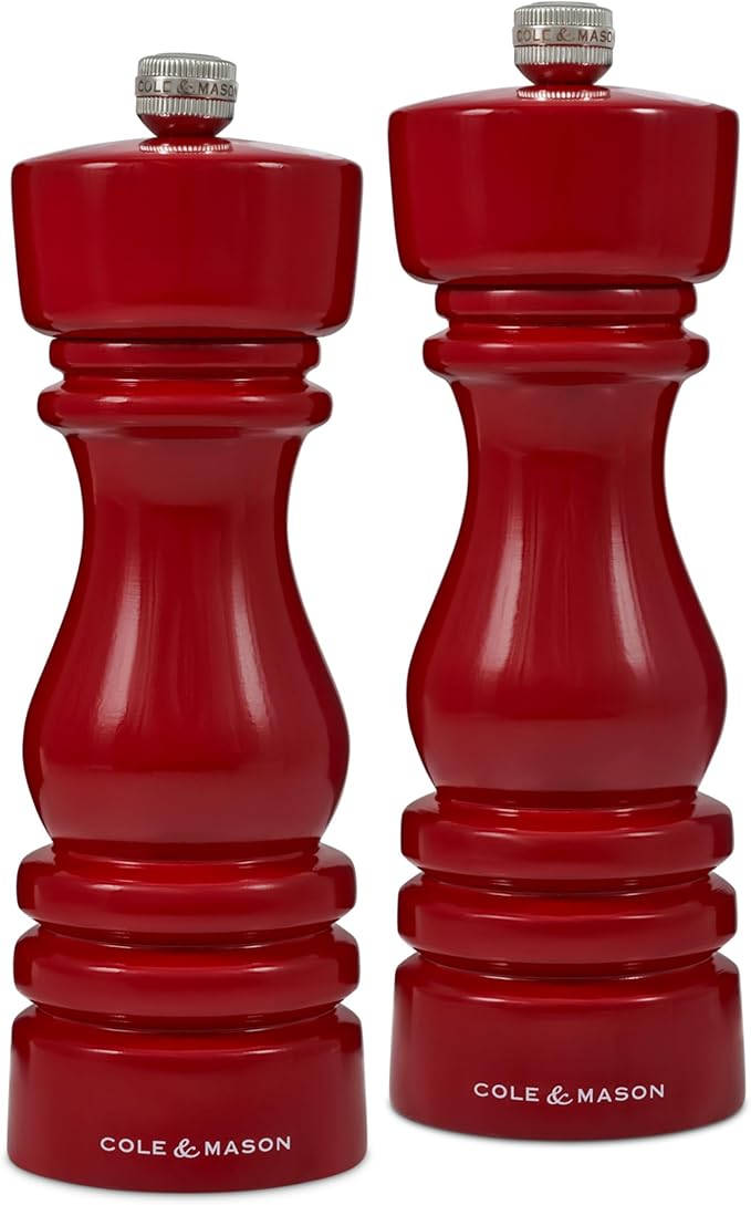Cole & Mason London Refillable Spice Mill - Kitchen & Home Accessory - Salt & Pepper Grinder Set - Salt Mill with Ceramic Mechanism - Pepper Mill with Carbon Steel Mechanism - 7", Red Gloss