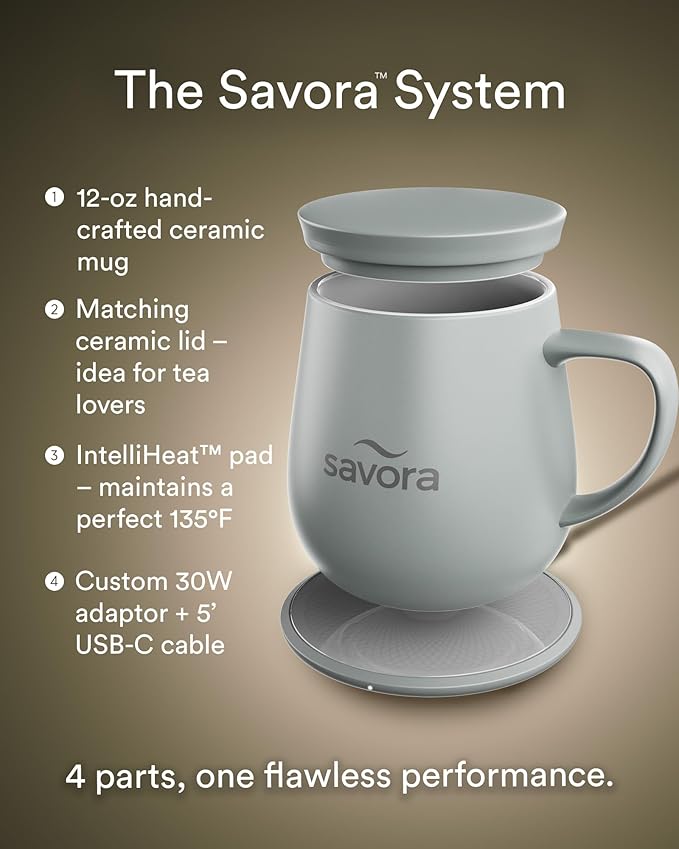 12oz Heated Coffee Mug | Barista?셲 Choice | Exclusive Wireless IntelliHeat Pad | Temperature Control Maintains 135째F | Hand-Crafted Ceramic Mug & Lid | Great for Tea Drinkers | Backed for Life - Grey