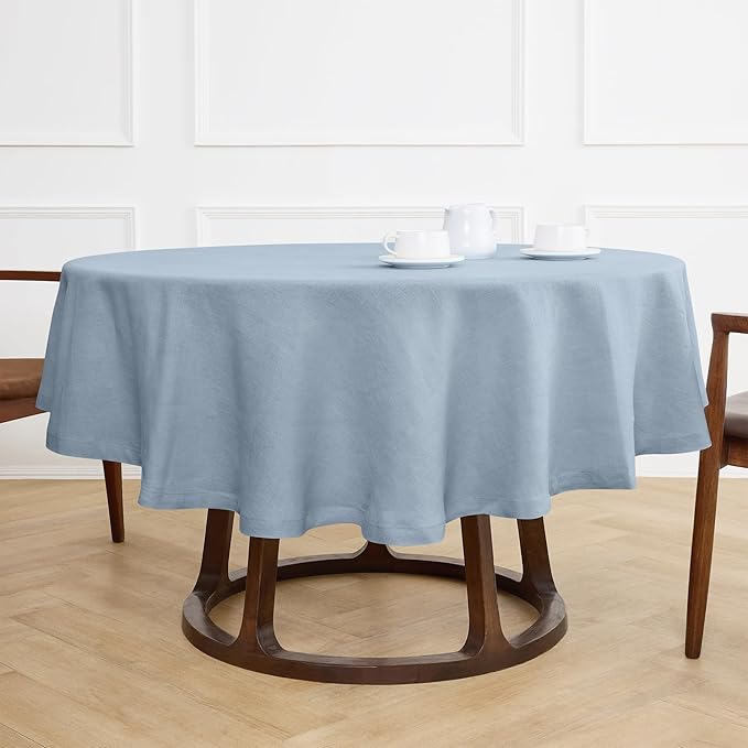 Solino Home Linen 60 Inch Round Tablecloth - 100% Pure Linen Dusty Blue Round Tablecloth - Machine Washable Table Cloth - Sonoma